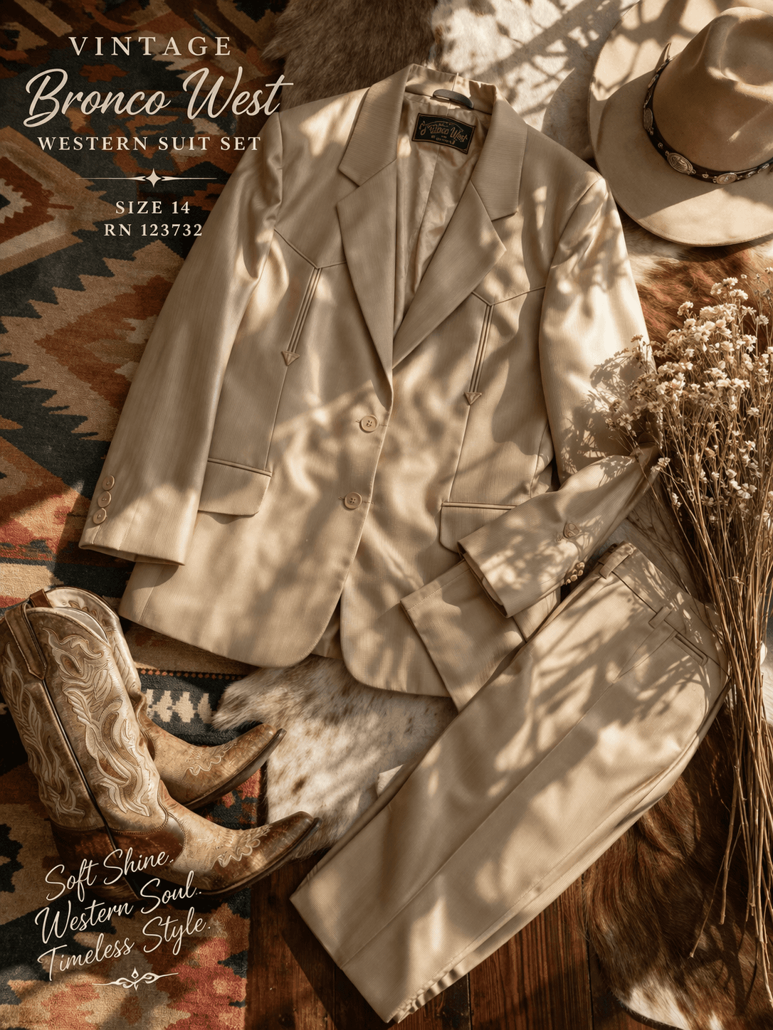 Vintage Western Suit Set Beige Size 14 Bronco West Cowgirl Rodeo 2Pc Blazer Pant - Thumbnail 2