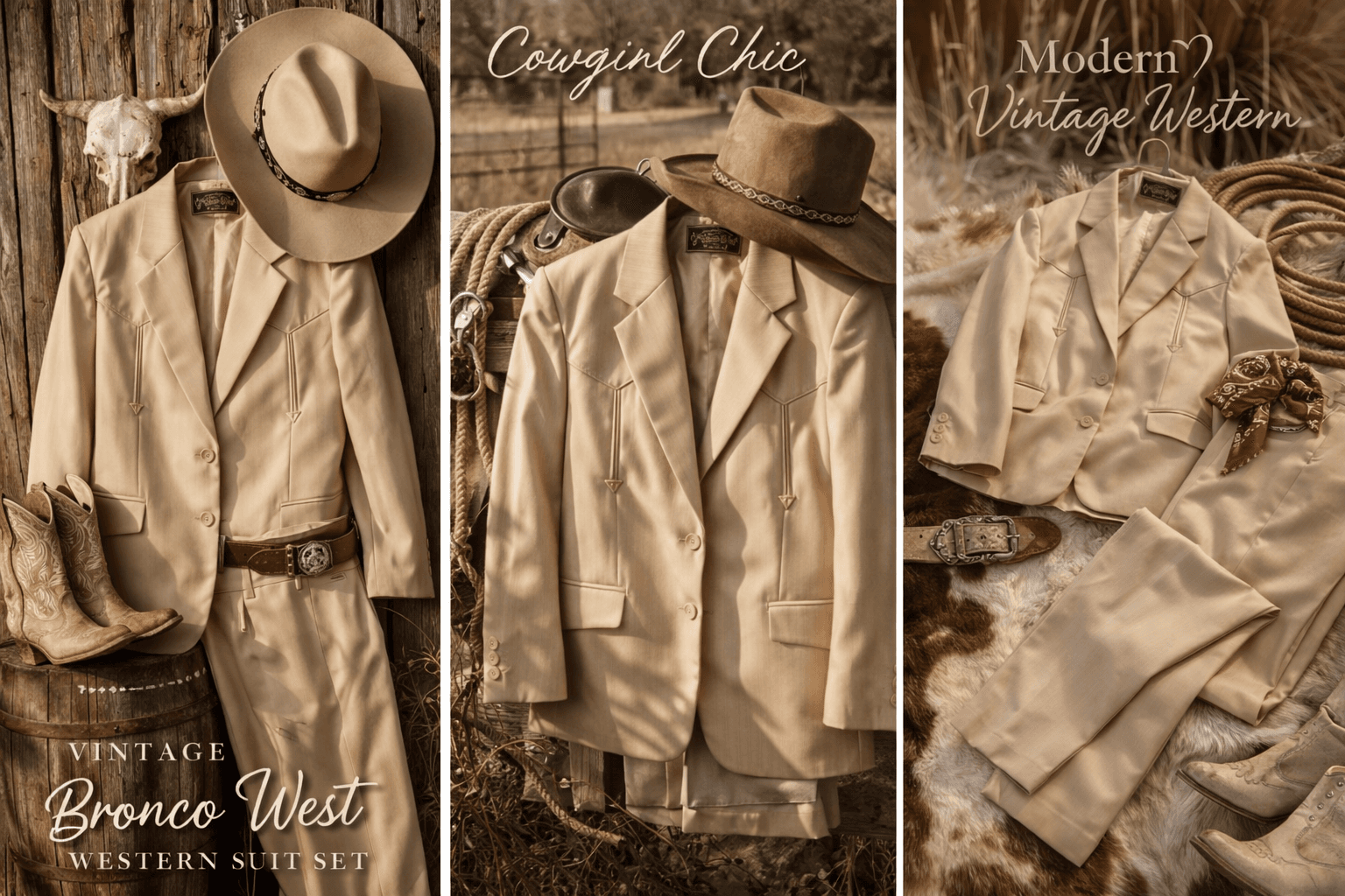Vintage Western Suit Set Beige Size 14 Bronco West Cowgirl Rodeo 2Pc Blazer Pant - Thumbnail 4