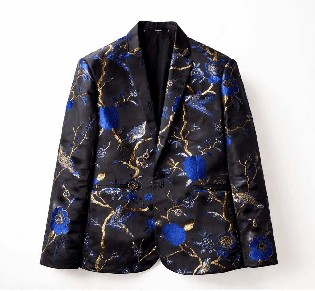 Cloudstyle Black Blue Floral Jacquard Blazer Size S Slim Fit Luxury Statement Ja - Image 1