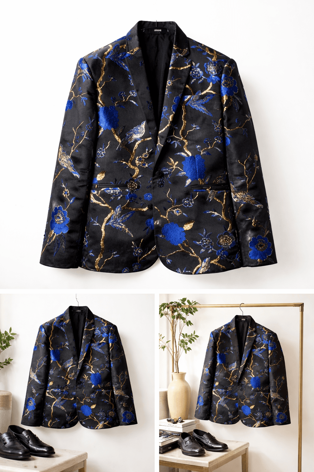 Cloudstyle Black Blue Floral Jacquard Blazer Size S Slim Fit Luxury Statement Ja - Thumbnail 3