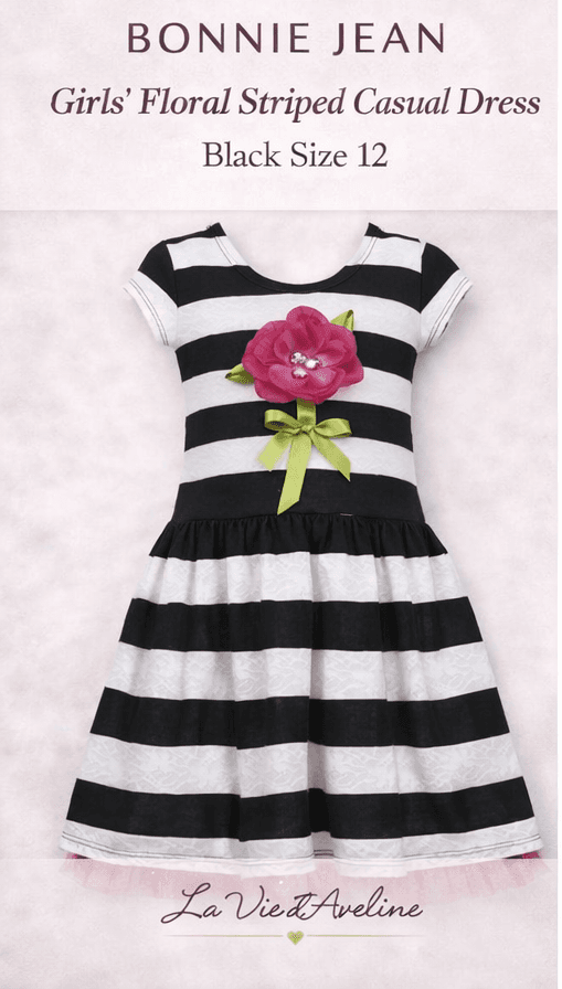 Bonnie Jean Girls Black White Striped Dress Pink Flower Bow Size 12 Party Easter - Image 1