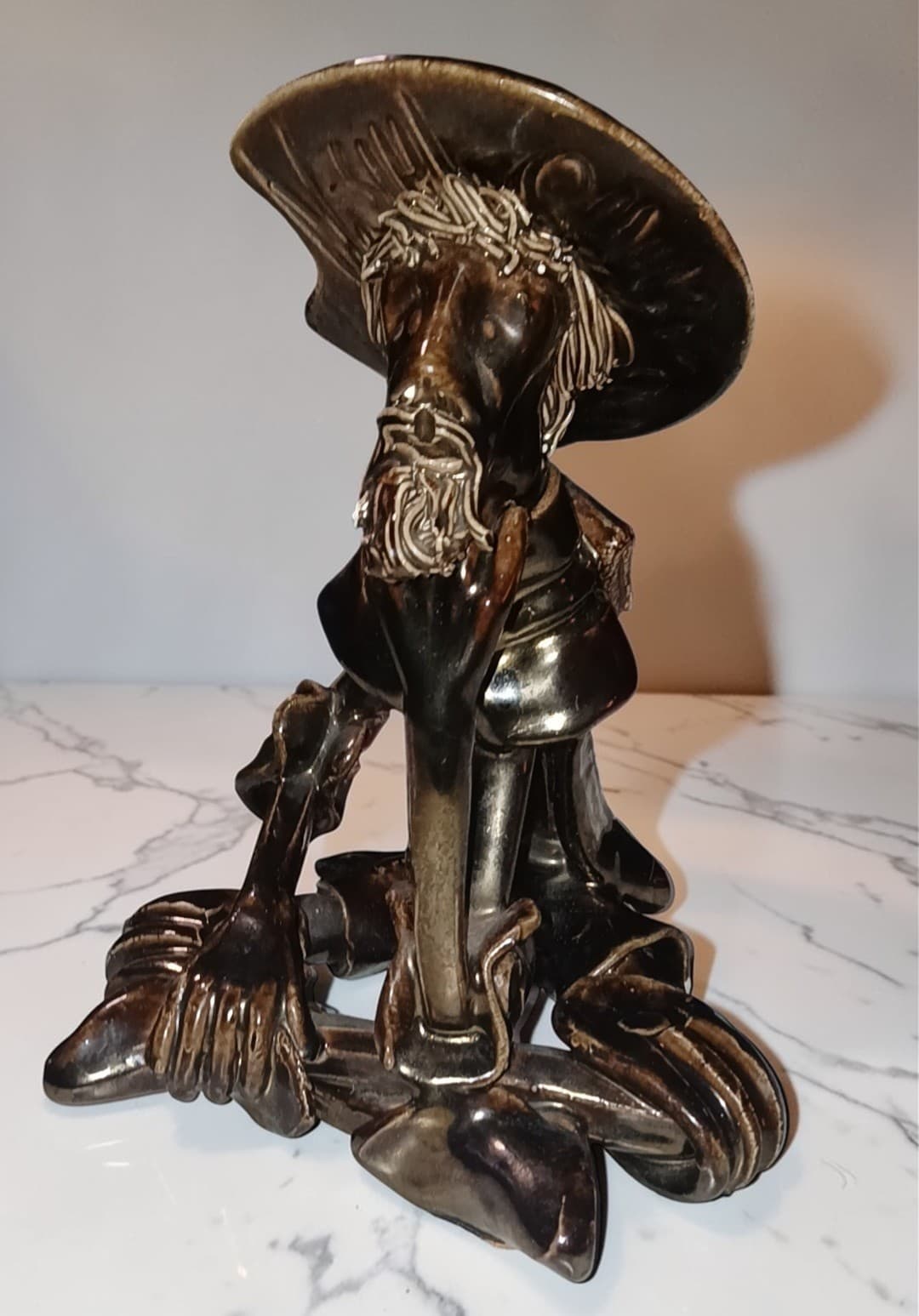 Vintage Don Quixote Ceramic Bronze Metallic Glaze Spanish Knight Sculpture - Thumbnail 2