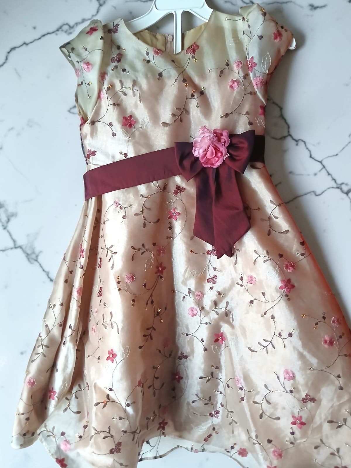 Bonnie Jean Girls Sz 6 Champagne Pink Floral Embroidered Party Dress Satin Sash - Image 1