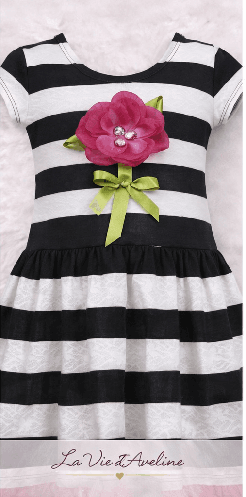 Bonnie Jean Girls Black White Striped Dress Pink Flower Bow Size 12 Party Easter - Thumbnail 2