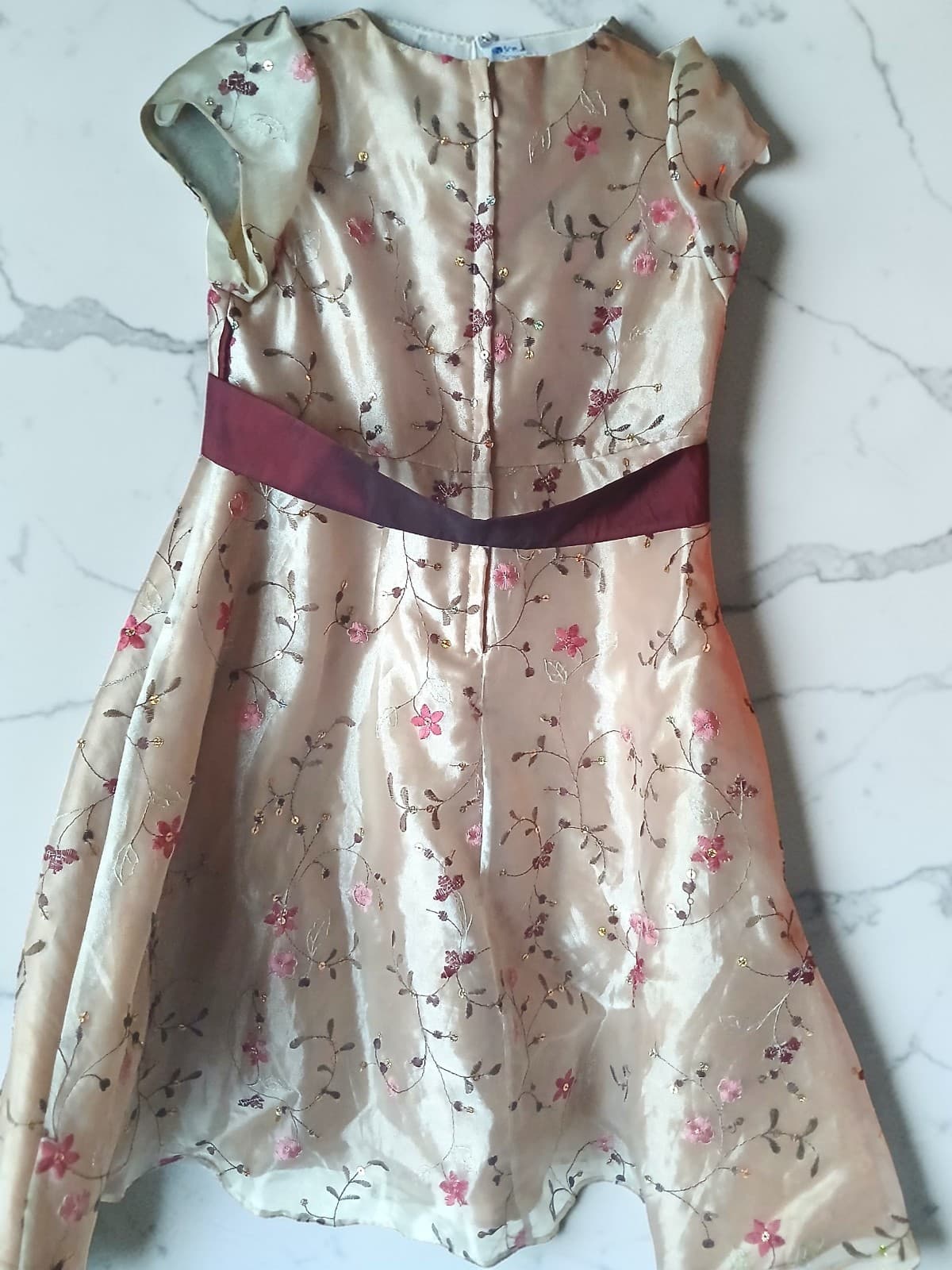 Bonnie Jean Girls Sz 6 Champagne Pink Floral Embroidered Party Dress Satin Sash - Thumbnail 2