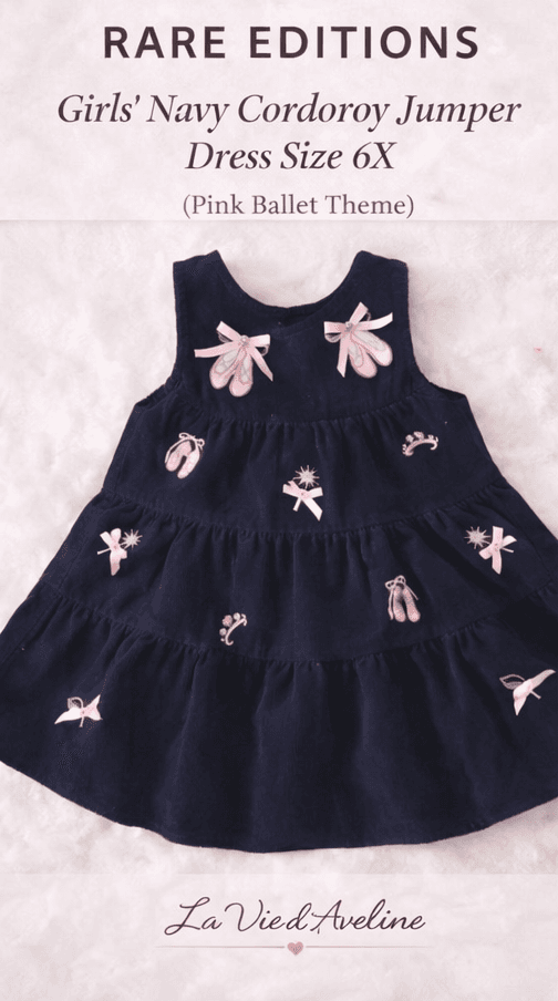 Rare Editions Girls Navy Corduroy Jumper Dress 6X Pink Ballet Shoes Crown Bow - Image 1