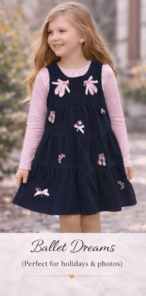 Rare Editions Girls Navy Corduroy Jumper Dress 6X Pink Ballet Shoes Crown Bow - Thumbnail 3