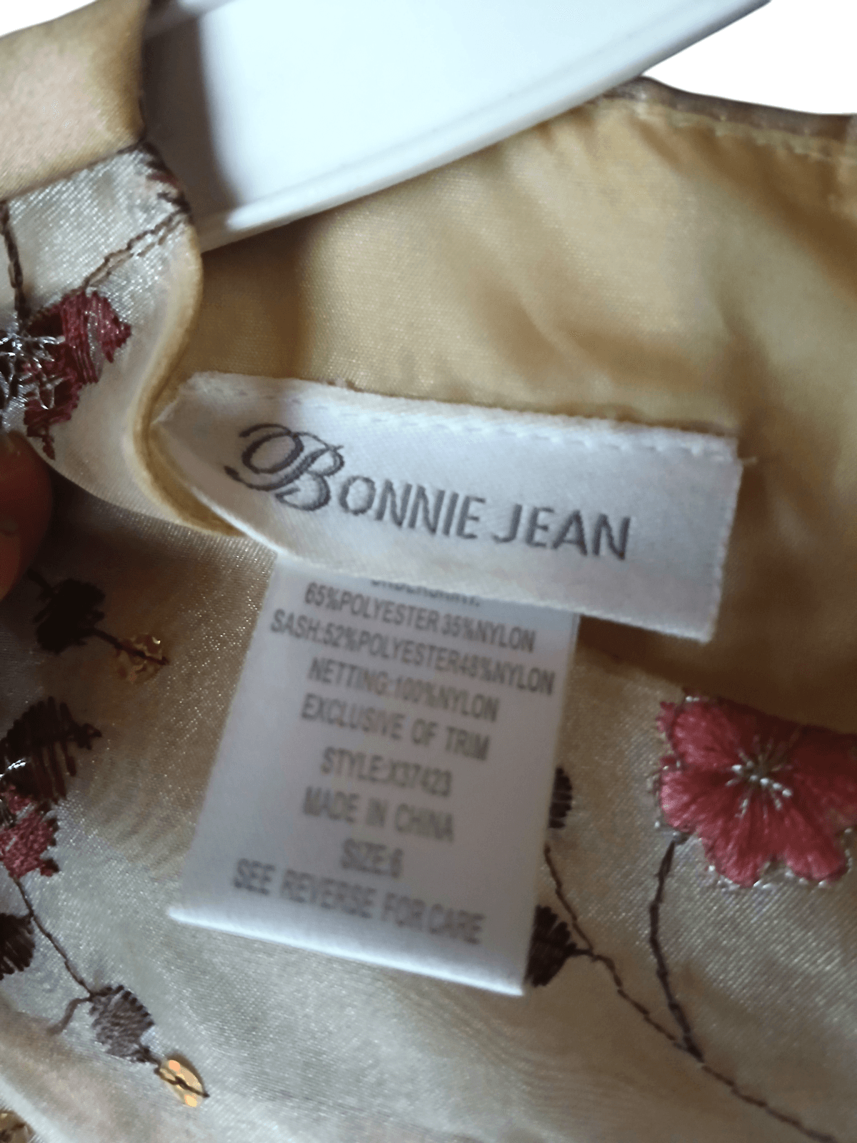 Bonnie Jean Girls Sz 6 Champagne Pink Floral Embroidered Party Dress Satin Sash - Thumbnail 3