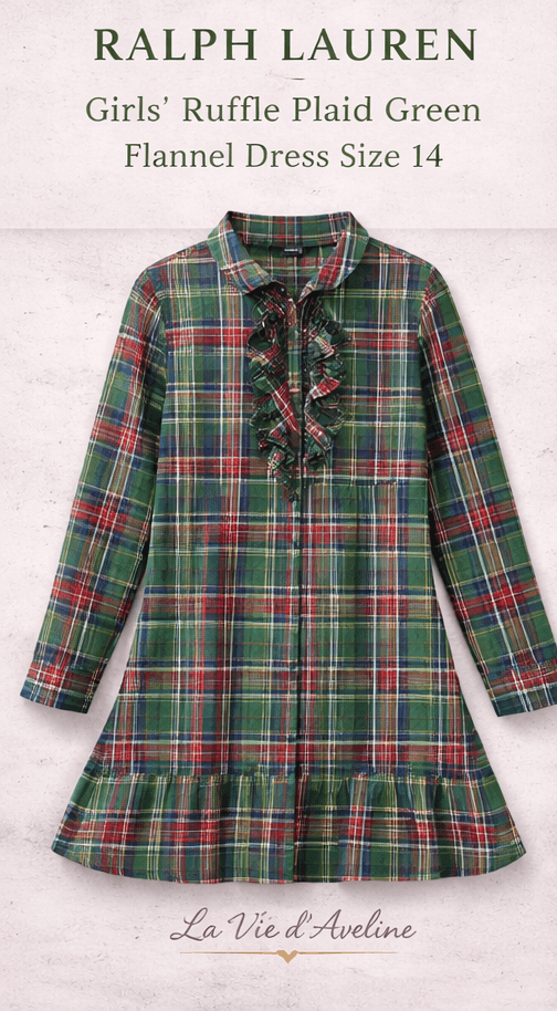 Ralph Lauren Girls Plaid Flannel Dress Size 14 Green Ruffle Button Front Holiday - Image 1