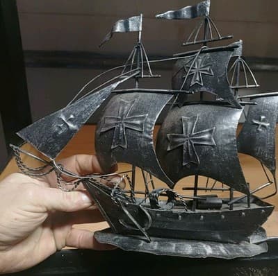 Vintage Tin Metal Clipper Ship Boat Sculpture Sailing Nautical Folk Art 10" - Thumbnail 2