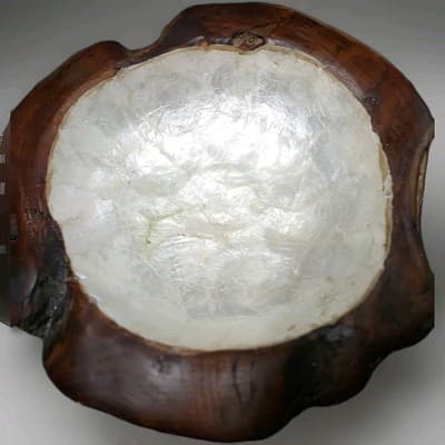 Vintage Teak Root Wood Bowl 12" Capiz Shell Inlay Iridescent Java Handcrafted - Thumbnail 2