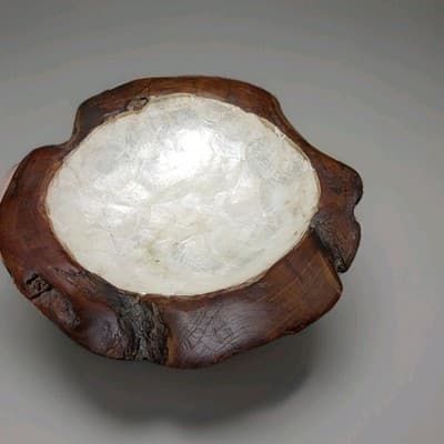 Vintage Teak Root Wood Bowl 12" Capiz Shell Inlay Iridescent Java Handcrafted - Thumbnail 10