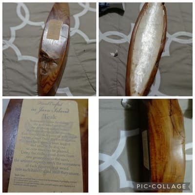 Large 21" Handcrafted Javanese Teak Root "Canoe" Bowl with Natural Bone Inlay – - Image 1