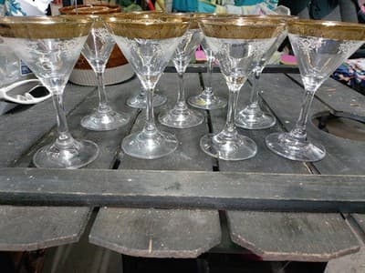 Set of 9 Cellini Italy Blown Crystal Martini Glasses - 24K Gold Hand Decorated - Thumbnail 3