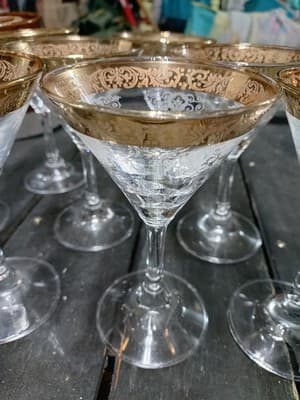 Set of 9 Cellini Italy Blown Crystal Martini Glasses - 24K Gold Hand Decorated - Thumbnail 4