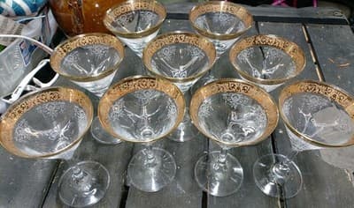 Set of 9 Cellini Italy Blown Crystal Martini Glasses - 24K Gold Hand Decorated - Thumbnail 2