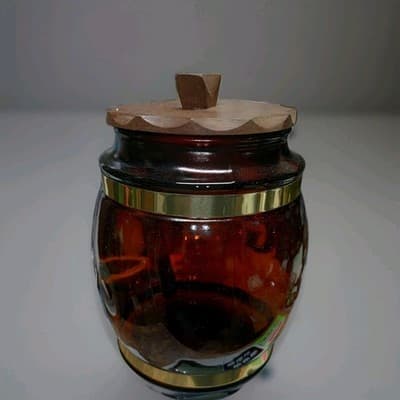 Vintage Siesta Ware "Think Big" Amber Brown Glass Cookie Jar Barrel Mug Wood... - Thumbnail 3