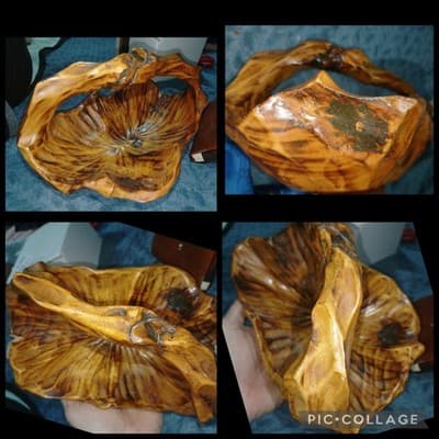 Antique Folk Art Solid One Piece Black Walnut Hand Carved Wood Basket - Image 1