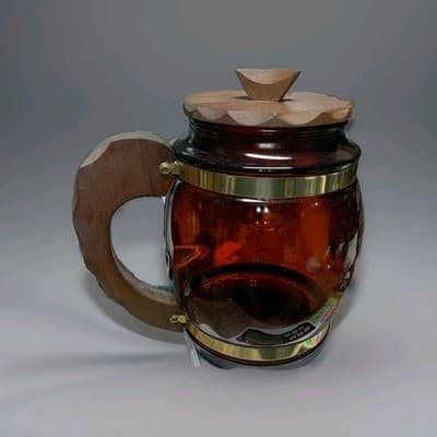 Vintage Siesta Ware "Think Big" Amber Brown Glass Cookie Jar Barrel Mug Wood... - Thumbnail 2