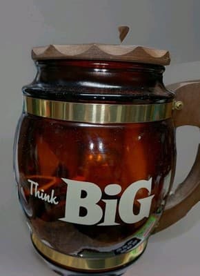 Vintage Siesta Ware "Think Big" Amber Brown Glass Cookie Jar Barrel Mug Wood... - Thumbnail 4