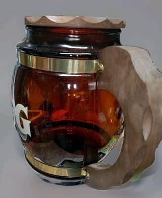 Vintage Siesta Ware "Think Big" Amber Brown Glass Cookie Jar Barrel Mug Wood... - Thumbnail 5