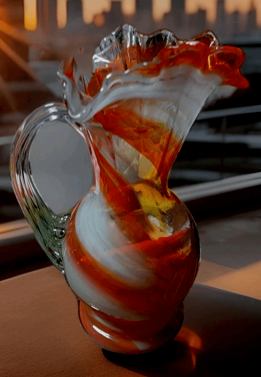 Smith's Old Timer Multicolor Orange Swirl Handblown Glass Pitcher Fort Smith 7" - Image 1