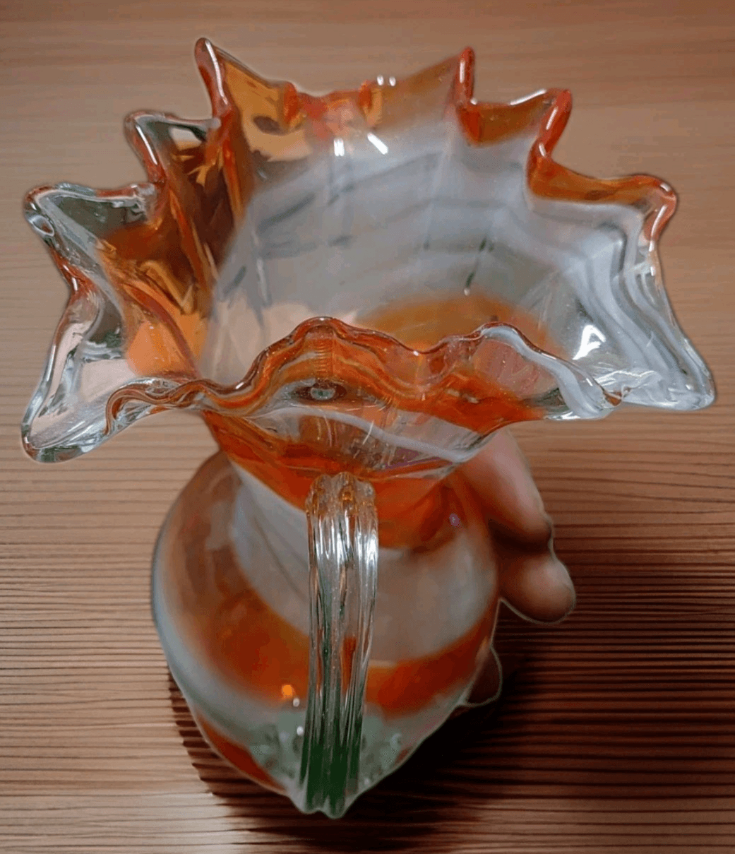 Smith's Old Timer Multicolor Orange Swirl Handblown Glass Pitcher Fort Smith 7" - Thumbnail 3