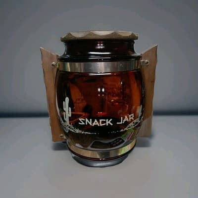 Vtg 60s Siesta Ware Cactus West Snack Jar Amber Glass Barrel Wood Handles & Lid - Thumbnail 2