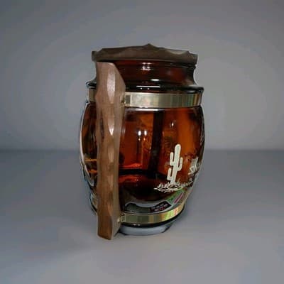Vtg 60s Siesta Ware Cactus West Snack Jar Amber Glass Barrel Wood Handles & Lid - Thumbnail 5
