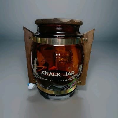 Vtg 60s Siesta Ware Cactus West Snack Jar Amber Glass Barrel Wood Handles & Lid - Thumbnail 4