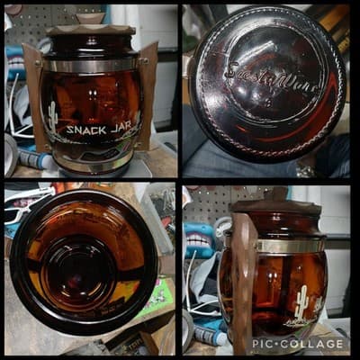 Vtg 60s Siesta Ware Cactus West Snack Jar Amber Glass Barrel Wood Handles & Lid - Image 1