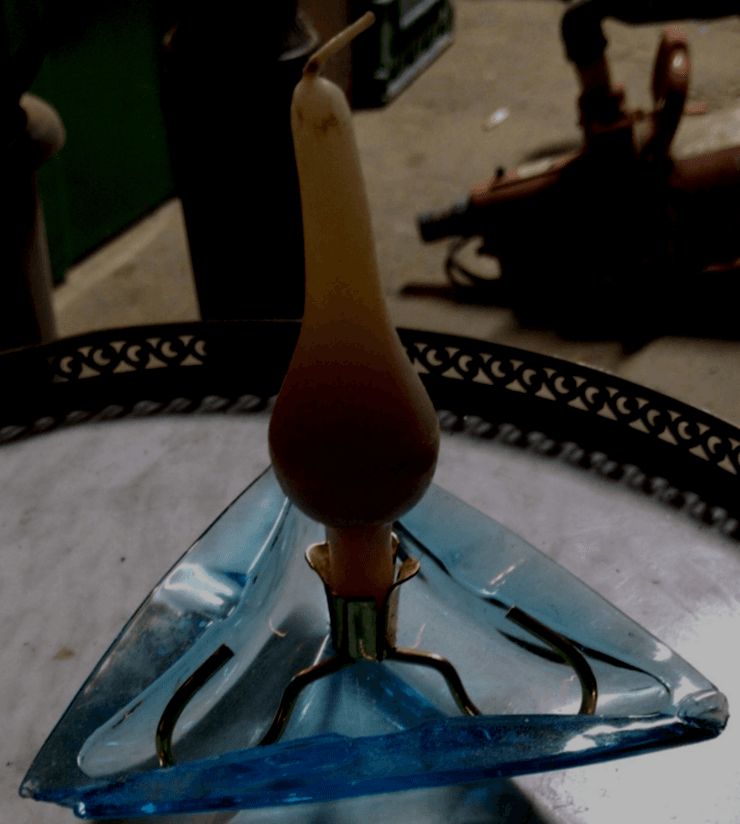 Blue Glass Antique Ashtray And Candle Holder with Interesting Candle - Image 1