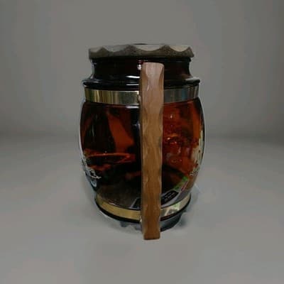 Vtg 60s Siesta Ware Cactus West Snack Jar Amber Glass Barrel Wood Handles & Lid - Thumbnail 3