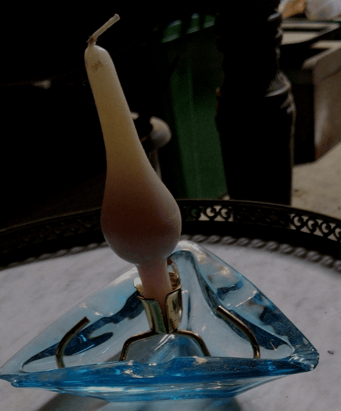 Blue Glass Antique Ashtray And Candle Holder with Interesting Candle - Thumbnail 2