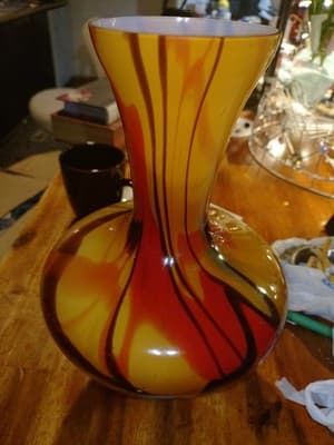 Modern Yellow Art Glass Vase Amber Swirl Cased White Interior Hand Blown Style - Thumbnail 3