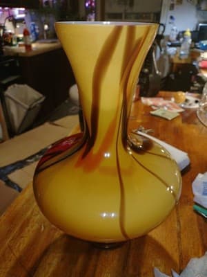 Modern Yellow Art Glass Vase Amber Swirl Cased White Interior Hand Blown Style - Thumbnail 4