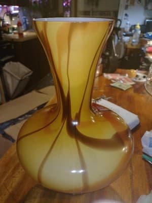 Modern Yellow Art Glass Vase Amber Swirl Cased White Interior Hand Blown Style - Thumbnail 5