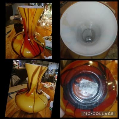 Modern Yellow Art Glass Vase Amber Swirl Cased White Interior Hand Blown Style - Thumbnail 2