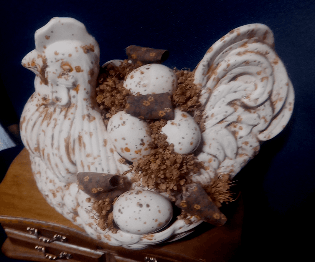 Vintage Ceramic Arnell's Chicken Planter Speckled Glazed A With Decorative Eggs - Image 1