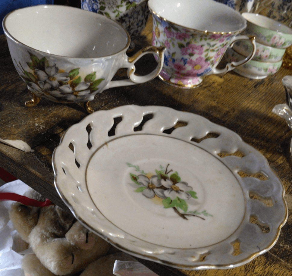 Vintager Cup and Saucer APPLE BLOSSOM Gold Trim, Footed Cup Reticulated Saucer, - Image 1