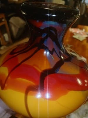 Modern Yellow Art Glass Vase Amber Swirl Cased White Interior Hand Blown Style - Thumbnail 7