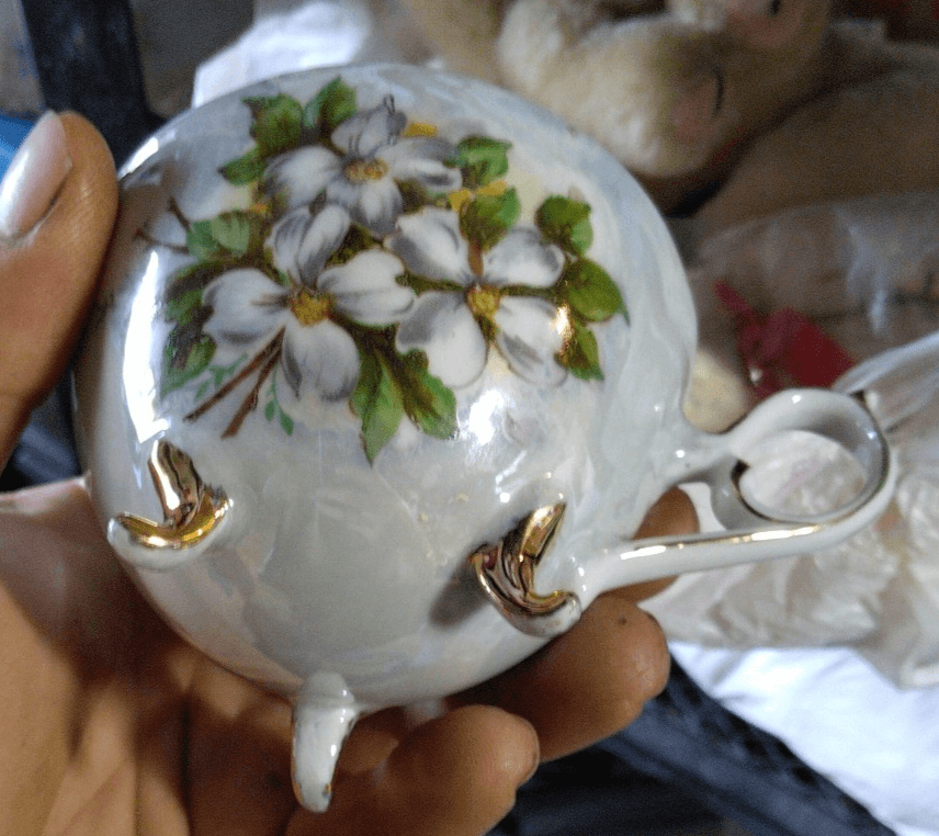 Vintager Cup and Saucer APPLE BLOSSOM Gold Trim, Footed Cup Reticulated Saucer, - Thumbnail 3