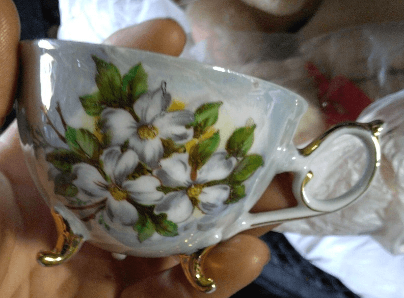 Vintager Cup and Saucer APPLE BLOSSOM Gold Trim, Footed Cup Reticulated Saucer, - Thumbnail 2