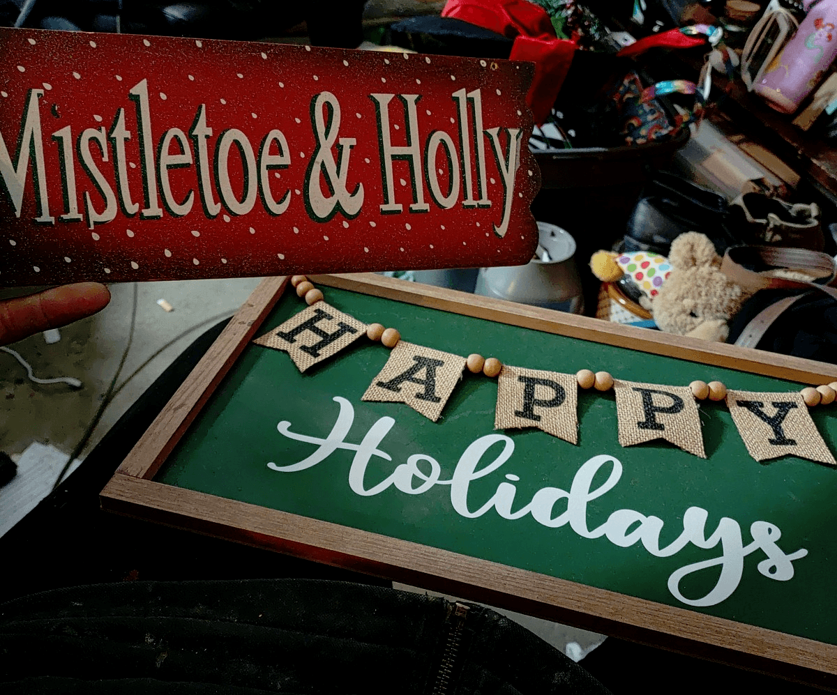 Lot of 2 Holiday Wall Decor Signs: /Happy Holidays \Mistletoe & Holly - Image 1