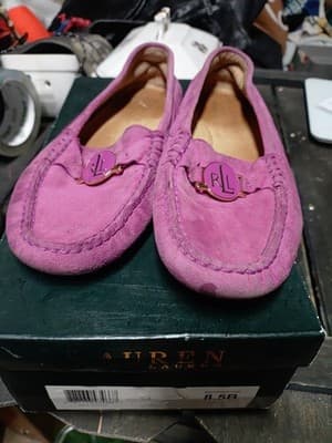 Ralph Lauren Carley Women’s 5B Purple Suede Driving Loafers Gold RL Logo - Image 1