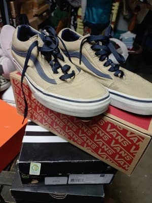 Vans Old Skool Khaki Tan Navy Blue Skate Shoes Men’s 8 Women’s 9.5 OrthoLite - Image 1