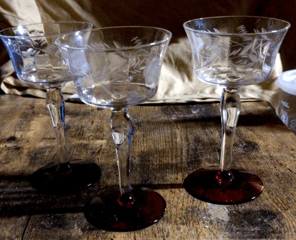 3 Vintage Champagne Wine Glasses Optic Floral Cut w/ Ruby Red Foot 5" - Image 1