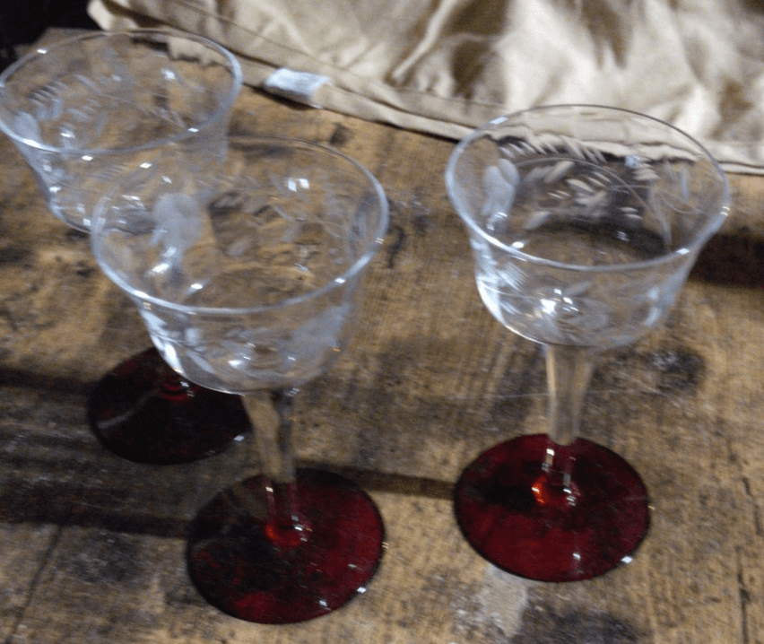 3 Vintage Champagne Wine Glasses Optic Floral Cut w/ Ruby Red Foot 5" - Thumbnail 2