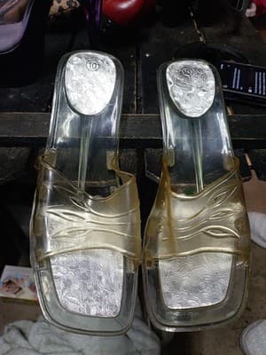 Vintage Y2K Clear Jelly Slide Sandals - Size 10 - Silver Floral Footbed - Image 1
