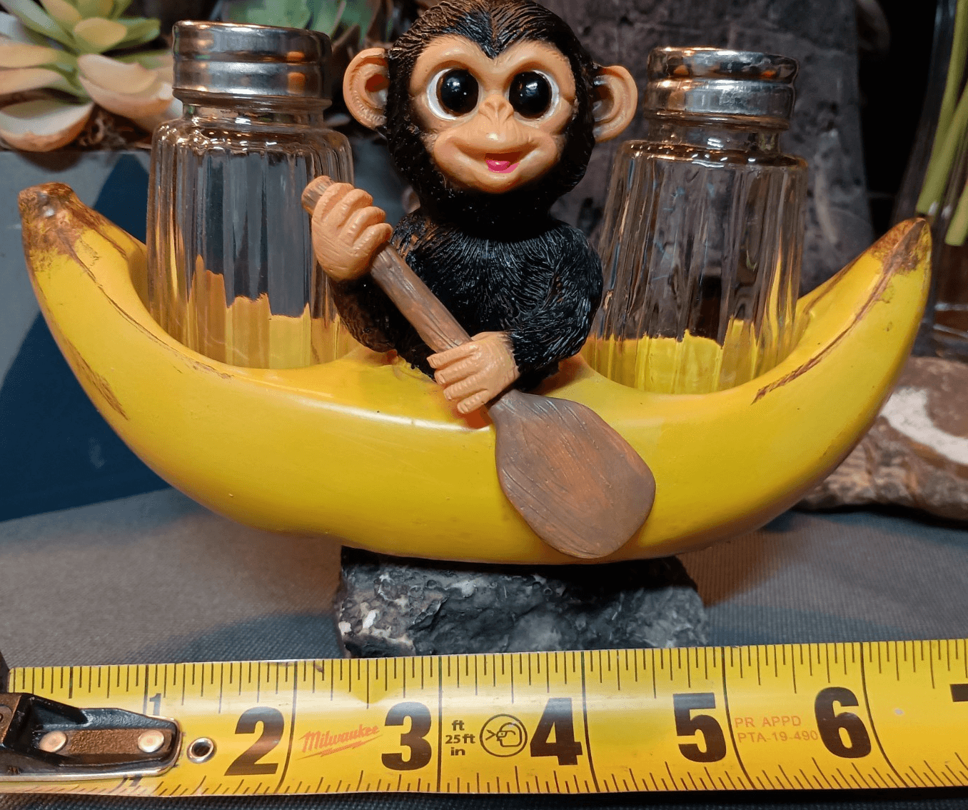 Baby Monkey Rowing Banana Boat Salt & Pepper Shakers. Solid 1Lb 2oz. - Image 1